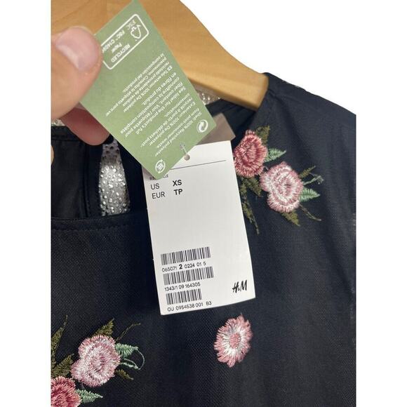 H&M Black Floral Appliqué Mesh Puff Sleeve Midi Dress Fairy Whismigoth Womens XS - Picture 3 of 8